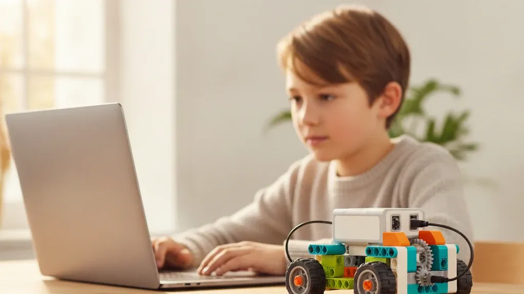 Ребёнок программирует за ноутбуком модель из конструктора, совместимого с WeDo 2.0, — рядом машинка с белым СмартХабом