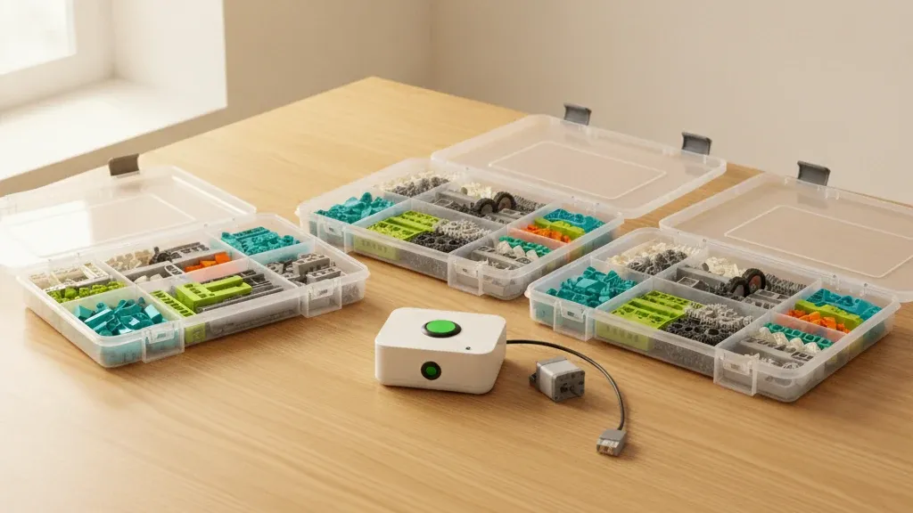 Три набора для детской робототехники на столе: оригинальный WeDo 2.0, копия и совместимый набор