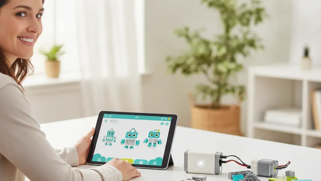 Планшет с открытым приложением WeDo 2.0 рядом со смарт-хабом конструктора РобоГуру