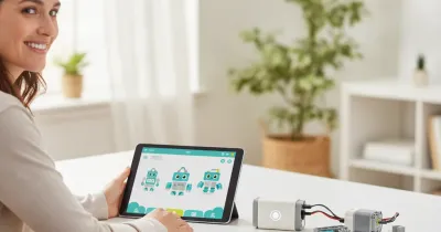Планшет с открытым приложением WeDo 2.0 рядом со смарт-хабом конструктора РобоГуру