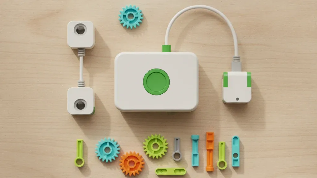 Электроника набора, совместимого с WeDo 2.0: СмартХаб, мотор, датчик расстояния и датчик наклона на столе