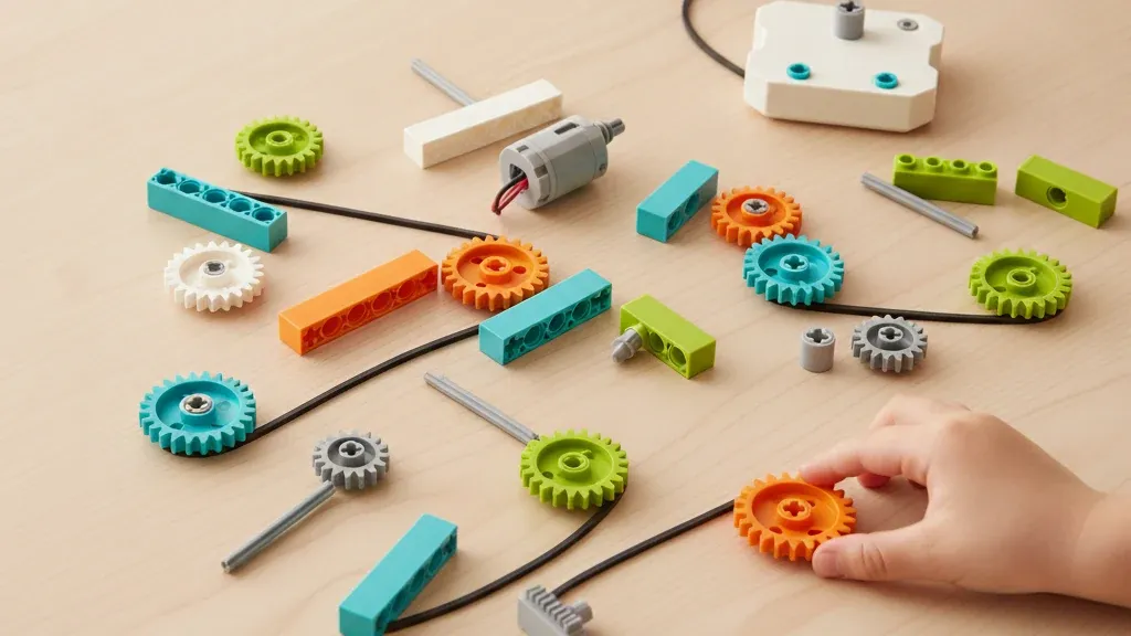 Шестерни, оси, балки и мотор из набора, совместимого с WeDo 2.0, разложены на столе перед сборкой передачи