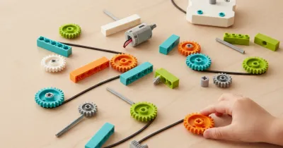 Шестерни, оси, балки и мотор из набора, совместимого с WeDo 2.0, разложены на столе перед сборкой передачи