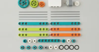 Детали конструктора, совместимого с WeDo 2.0, разложены аккуратными рядами: шестерни, оси, балки, шкивы и ремни