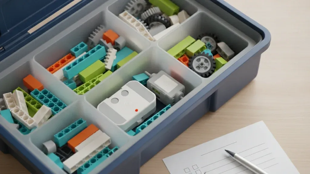 Проверка набора, совместимого с WeDo 2.0, при получении: открытый контейнер с сортировочным лотком и бумажный чек-лист