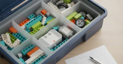Проверка набора, совместимого с WeDo 2.0, при получении: открытый контейнер с сортировочным лотком и бумажный чек-лист