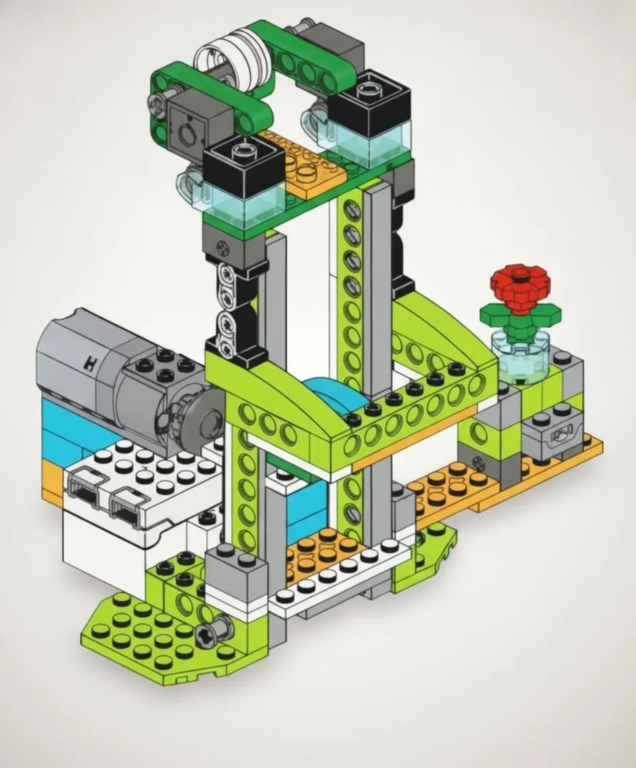 Лифт с цветком из деталей, совместимых с WeDo 2.0: кабина на вертикальных направляющих лаймово-серой рамы, наверху белая катушка со шнуром, справа красный цветок на прозрачной подставке, слева серый мотор и белый СмартХаб