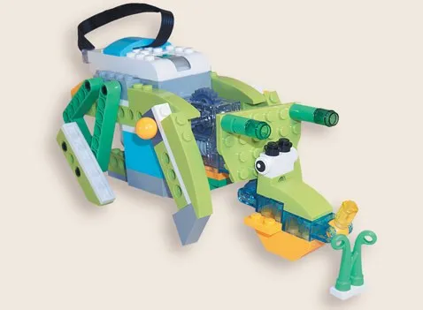 Модель робота-динозавра, собранная из набора WeDo 2.0 — пример того, что ребёнок сделает своими руками