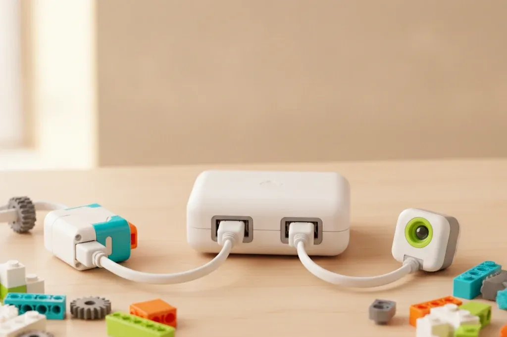 Два порта СмартХаба WeDo 2.0 заняты: в один порт вставлен провод мотора, в другой — провод датчика