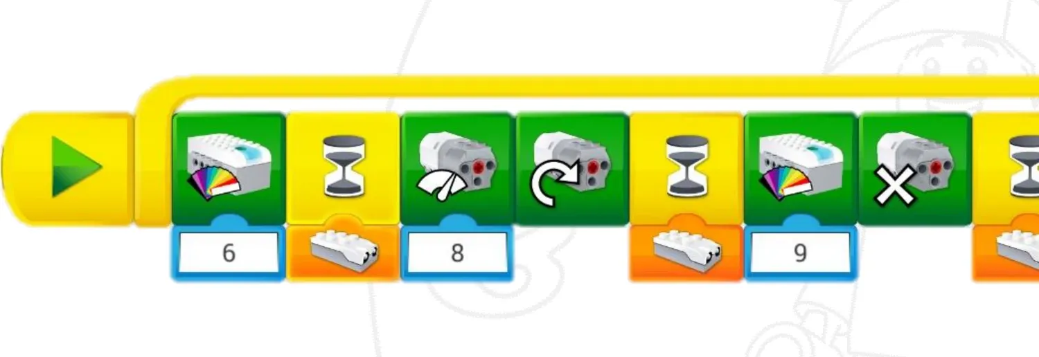 Программа в приложении WeDo 2.0. За жёлтым блоком «Начало» идут зелёные блоки с числами в голубых окошках; далее видны жёлтые блоки ожидания с оранжевыми входами датчика