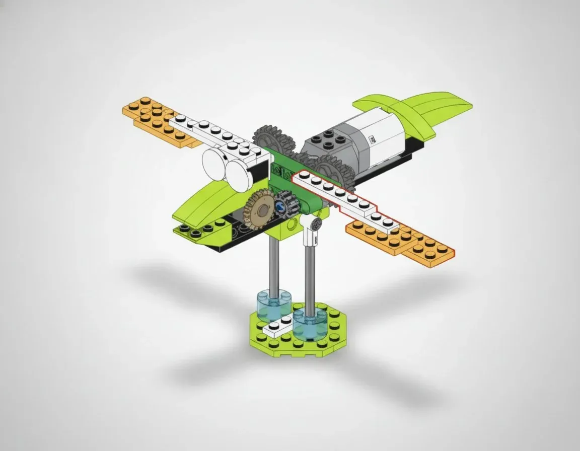 Модель «Птица машет крыльями» из деталей, совместимых с WeDo 2.0: лаймовый корпус на подставке из двух серых осей, крылья из оранжевых пластин, белые глаза-цилиндры, позади серый мотор
