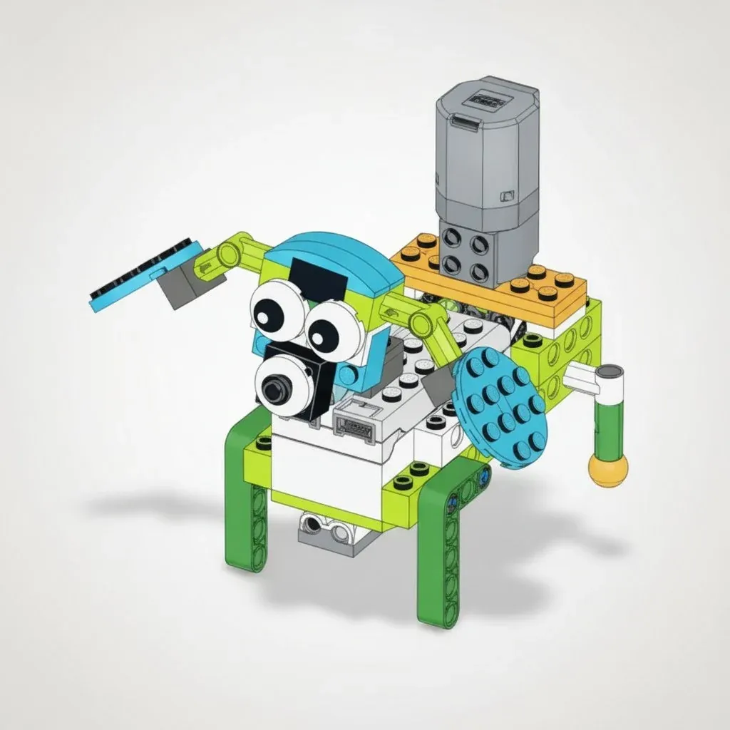 Собака с камерой из деталей, совместимых с WeDo 2.0: серый мотор стоит стоймя на спине, как ранец; уши — голубые диски, на морде круглые глаза и чёрная камера из кирпичиков, под грудью между передними ногами белый брусок датчика движения с двумя окошками