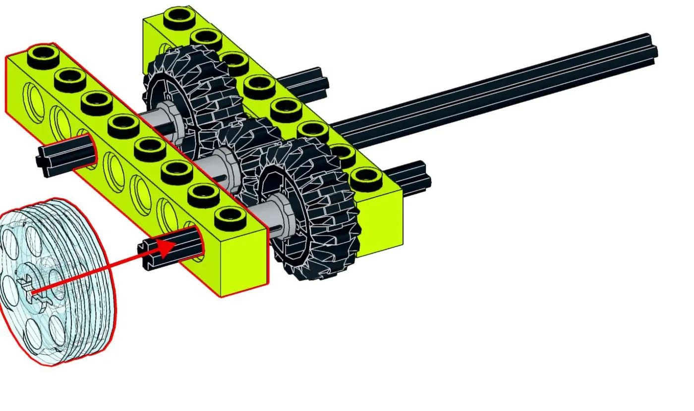 Зубчатая передача из деталей WeDo 2.0: три шестерни в ряд на балке в редукторе паука