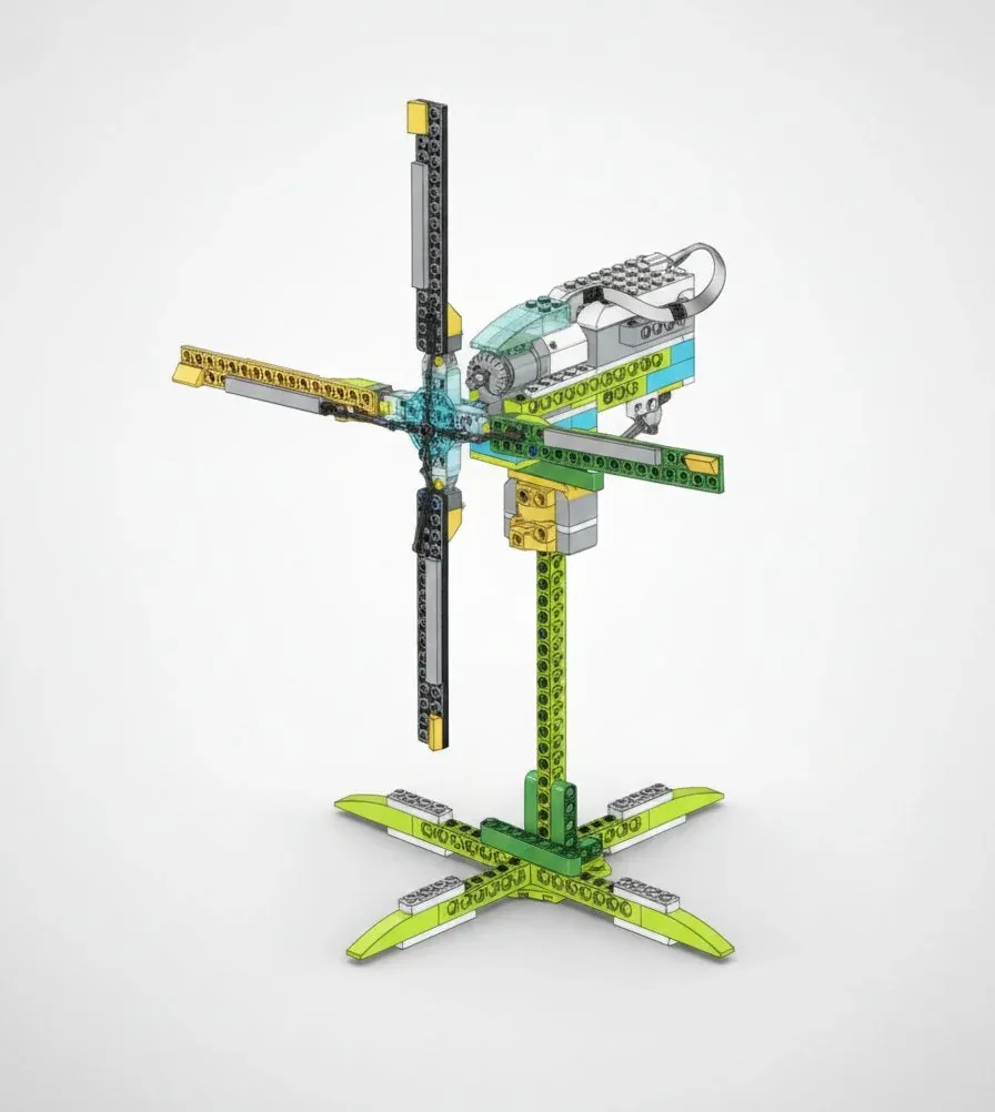 Вентилятор из деталей, совместимых с WeDo 2.0: крест из четырёх длинных лопастей с жёлтыми наконечниками, каждая на оранжевом шаровом шарнире; за ротором на лаймовой мачте белый мотор и смарт-хаб, внизу крестовина-подставка из лаймовых лучей