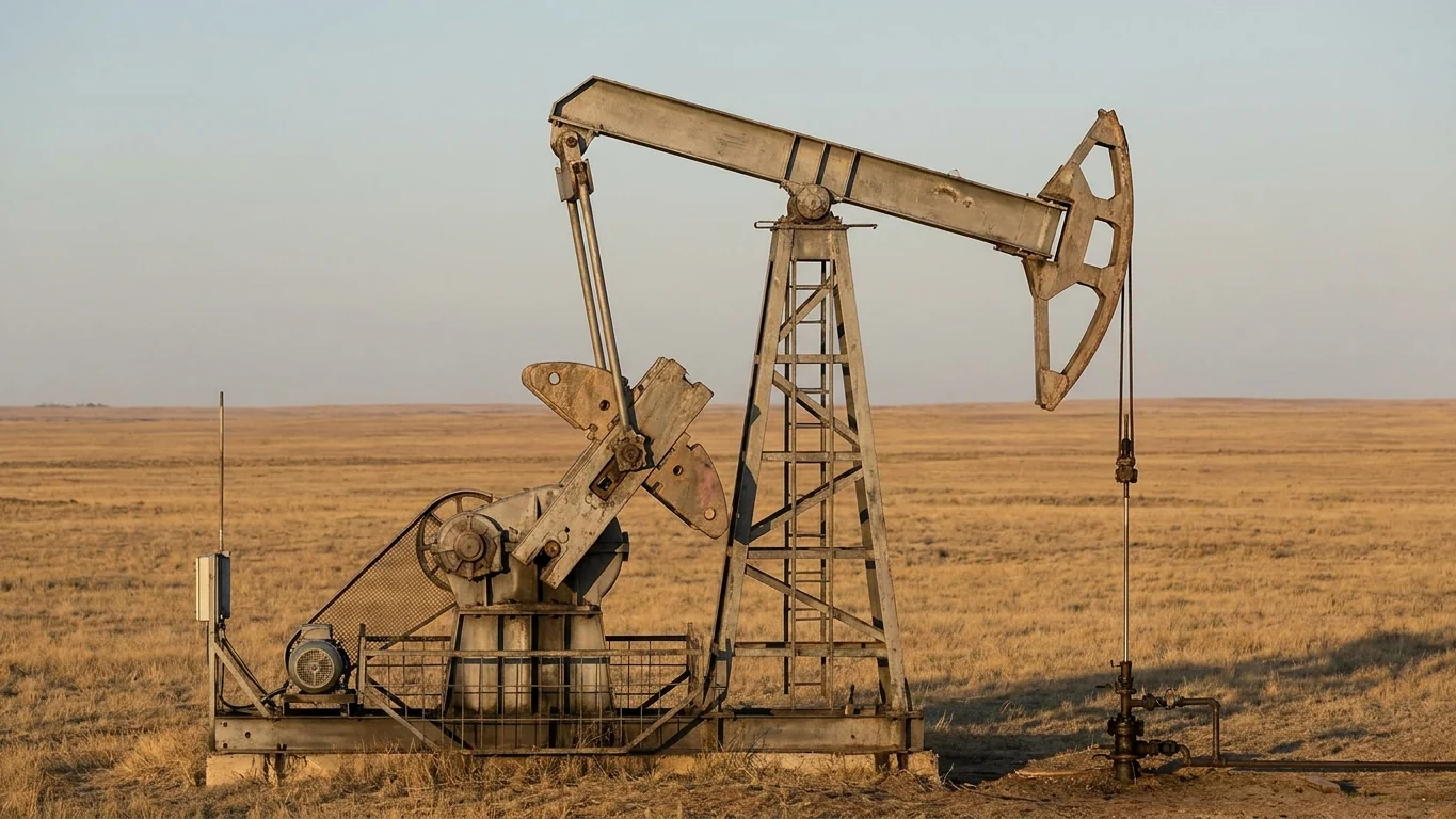 Нефтяная качалка в степи: внизу электродвигатель и редуктор, на редукторе кривошип с противовесом, от него шатун идёт к заднему концу балансира, балансир лежит на опоре, передний конец с изогнутой головкой опущен к устью скважины