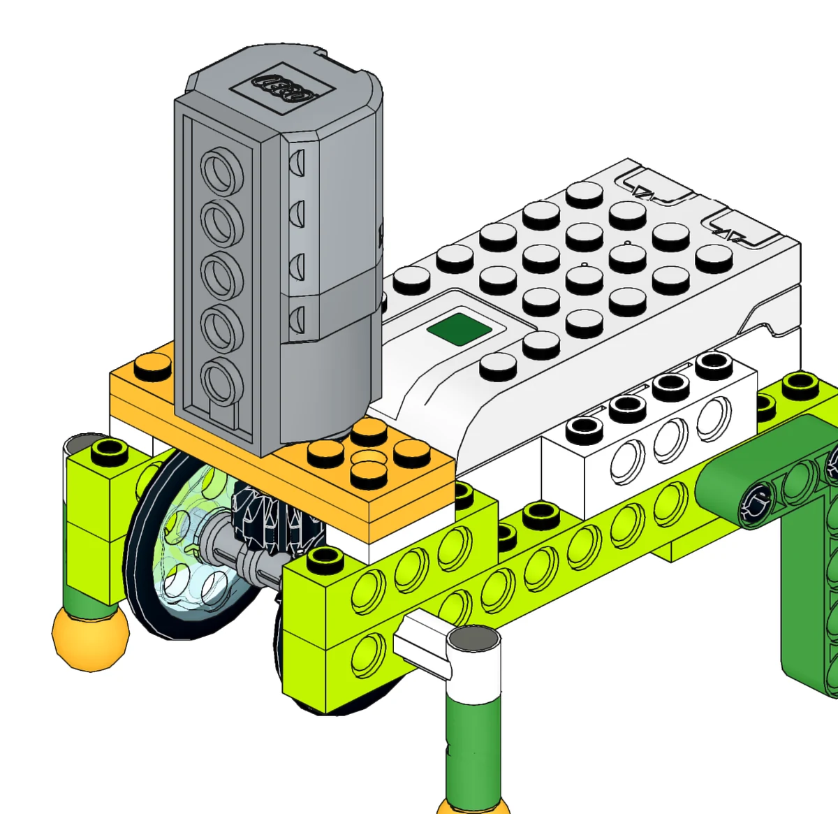 Мотор WeDo 2.0 стоит вертикально на оранжевой пластине, его коническая шестерня сцеплена с такой же шестернёй на поперечной оси между двумя колёсами в чёрных шинах
