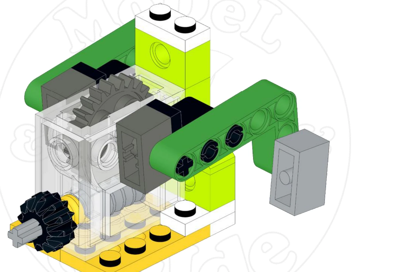Прозрачный корпус-редуктор трактора из WeDo 2.0: внизу червяк, сверху 24-зубая шестерня, на конце оси червяка чёрная коническая шестерня